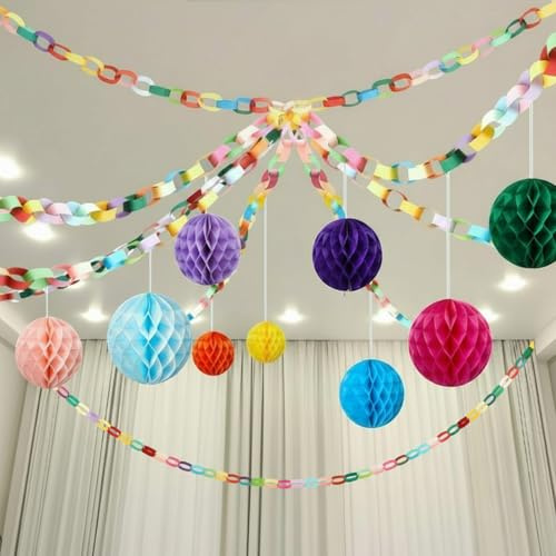 Lincia 610 Pack Colorful Hanging Decorations, 600 Sheet Paper Chain Strips 2 Rolls of Tape and 10 3D Honeycomb Ball Hanging Ornaments for Party Ceiling Decor(Bright Color)