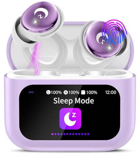 VEKJ Wireless Earbuds with Smart Touch Screen, 2026 Mini Sleep Earbuds Bluetooth 5.4 Headphone In Ear with Noise Cancelling Mic, 48H Playtime Hi-Fi Stereo Sound, 5 EQ Modes Purple