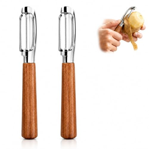 2PCS Vegetable Potato Peeler for Kitchen, Premium Wood Handle I-Shape Potato Peeler, Professional Double Edge Potato Peeler with Wooden Handle, Manual Fruit Peeler and Carrot Peeler for Home