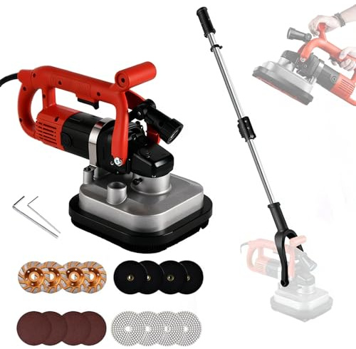 Amoladora de hormigón portátil, máquina pulidora de suelos profesional de cuatro cabezales de 3600 W con motor de cobre, 6 velocidades ajustables, con varilla de extensión