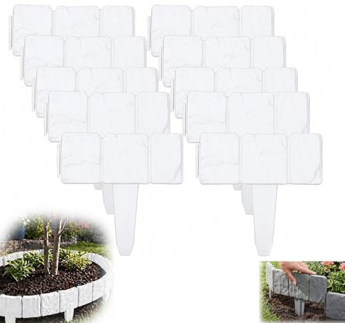 Recinzione da giardino in finta pietra, bordura per prato effetto pietra per aiuole, bordura decorativa per prato senza scavi, recinzione effetto pietra resistente alle intemperie (Bianco,20pcs)