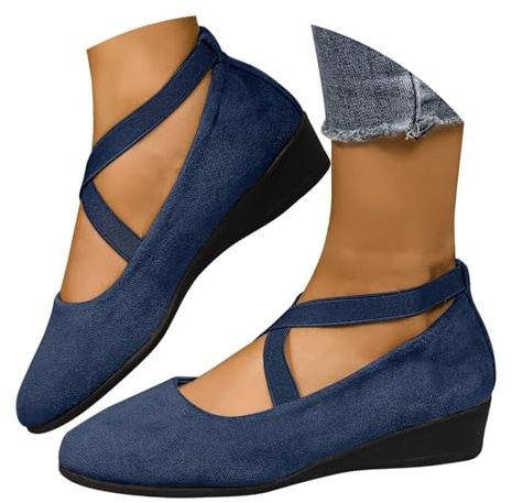 ziubauyke Women's Ballet Flats Closed Toe Crisscross Strap Wedge Shoes Comfy Summer Wide Fit Sole Stretchy Ankle Ballerina Ladies Comfy Dress Elegant Slip-On Pump Shoes Size 4-7.5