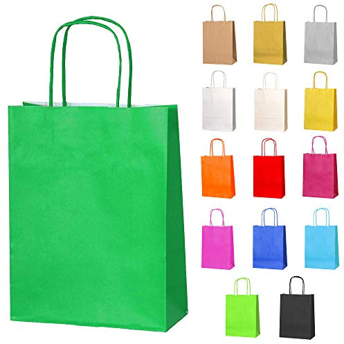 Thepaperbagstore 30 Grüne Kleine Papiertüten mit Henkel 18 x 22 x 8 cm | Farbige, recycelbare Kraftpapiertüten für Süßigkeiten, Geschenke, Hochzeiten, Partys & Events.