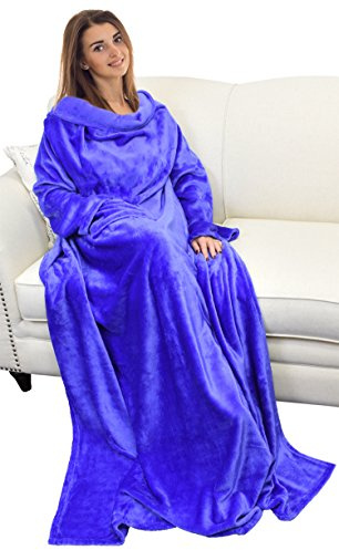 Catalonia Classy coperta in pile con maniche, micro peluche morbido visone coperta da indossare, soffice coperta, plaid maniche per uomini, donna, fidanzata, moglie, 185 x 130 cm, Regalo, Blu