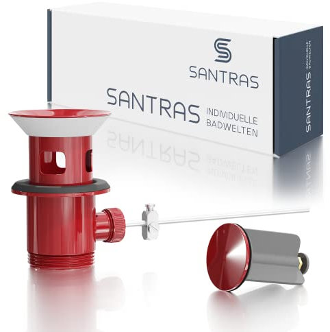 SANTRAS® Exzenter Ablaufgarnitur PREMIUM für Waschtisch mit Schutz vor Überlauf in Rot (RAL 3003) – Komplette Überlaufgarnitur mit Ablauf Stöpsel in 1 ¼ für Armatur mit Zugstangengarnitur