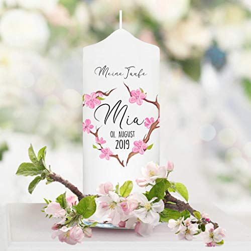 Wandtattoo Loft Taufkerze Blumenkranz mit rosa Blüten und Wunschdaten - Kerze zur Taufe, Geburt oder Kommunion – weiß 18 x 7 cm mit Name, Datum, (mit eigenem Taufspruch)