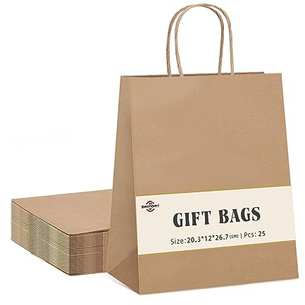 Switory 25 Stück Geschenktüten,Braune Papiertüten, 20,3 x 12 x 26,7 cm | Kraft Papiertüten mit Henkeln für Partys, Geburtstage, Hochzeiten, Basteln, Geschenke, Einkäufe, Boutiquen und Einzelhandel