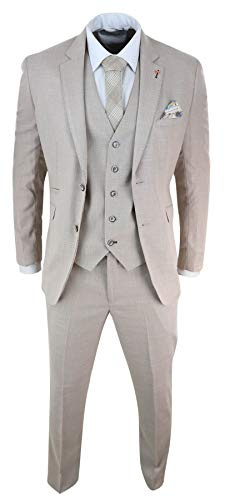 House Of Cavani Herrenanzug 3 Teilig Beige Creme Leinen 2 Knopf Design Tailored Fit Klassisch