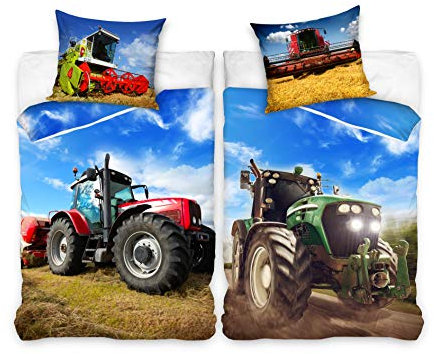 Familando Traktor Bettwäsche Set 2-teillig Decke 135x200 Kissen 80x80 cm - Mähdrescher Wendemotiv -100% Baumwolle mit Reißverschluss - Oeko-Tex Kinderbettwäsche - Atmungsaktiv & Hautfreundlich