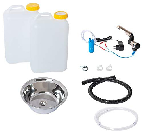 Wasseranlage Imbisswagen Verkaufsanhänger Campingküche 230v Bausatz Spüle 28cm (280mm) + Wasserhahn Barwig Chrom Wasserkanister 19 Liter (ad-ideen)