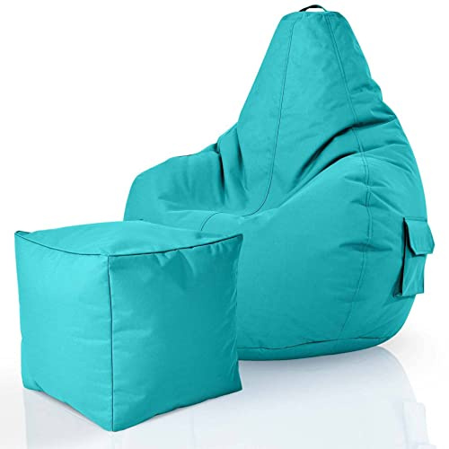 Green Bean 2er Set Sitzsack mit Rückenlehne + Hocker eckig - Gaming Chair, EPS-Perlen Füllung, Waschbar, Wetterfest - Gemütlicher Lounge SitzHocker eckig für Indoor und Outdoor in Türkis