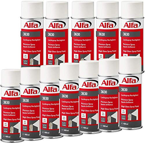 Alfa Lackspray 400 ml für Innen und Außen - Sprühlack zum Lackieren und Dekorieren, hohe Deckkraft Farbspray, Sprühdose, Made in Germany (12, RAL 9010 Reinweiß Hochglanz)