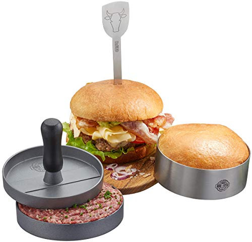 GEFU Barbecue Burger-Set: 3-teiliges BBQ Burger-Set inklusive Burgerpresse, Burger-Ring und Burger-Spieß für selbstgemachte Burger auf dem Grill - spülmaschinengeeignet