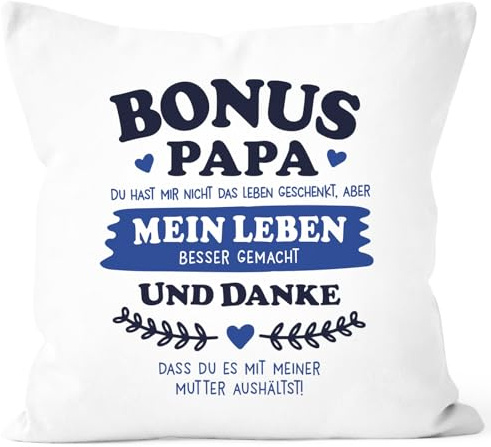 MoonWorks® Kissen-Bezug Geschenk Bonus-Mama | Bonus Papa Geschenkidee Stiefmutter | Stiefvater zum Muttertag | Vatertag Spruch Weiss 40cm x 40cm