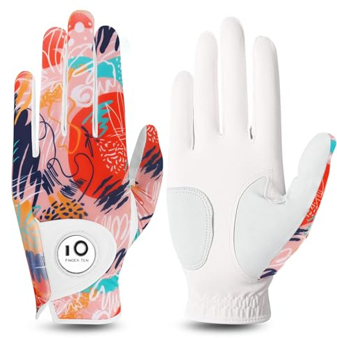 FINGER TEN Golfhandschuhe Damen Leder Links Rechts Hand Golfhandschuh Golf Handschuhe mit Ball Marker Wert 1 Stück Handschuh, Rain Grip Griff Linke Rechte Golfer (Hell Orange, S, Links)