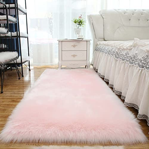 RGRE Faux Lammfell Schaffell Flauschig Teppich 100x120cm, Kunstpelz Teppich Wohnzimmer, Lange Haare Fell Optik Schaffell Bettvorleger Sofa Matte, Lammfellimitat Teppich, Rosa