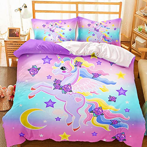 AOXHFNV Einhorn Rosa Bettwäsche Set für Mädchen, 135 x 200 cm, Einhorn Mond und Sterne, Bettwäsche für Kinder, Jungen und Mädchen (Rosa, 135 x 200 cm)