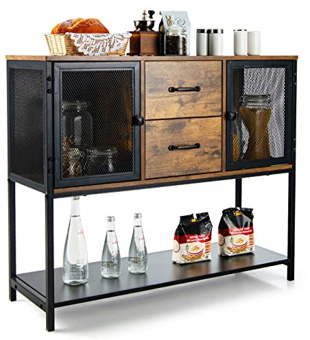COSTWAY Aparador con 2 Cajones Extraíbles y Repisa Inferior, Mueble Multifuncional para Salón Comedor, Armario de Cocina, Marrón Rústico 100 x 35 x 85 cm