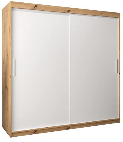 MEBLE KRYSPOL Tokyo 200 Kleiderschrank mit Zwei Schiebetüren für Schlafzimmer – moderner Aufbewahrungsschrank mit Kleiderstange und Regalen – 200x200x62cm - Artisan + Mattweiß