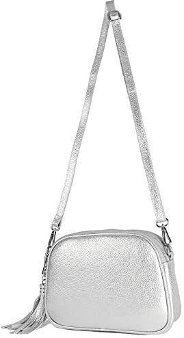 modamoda de - T238 - ital. Damen Umhängetasche Leder Medium, Farbe:Silber-Metallic