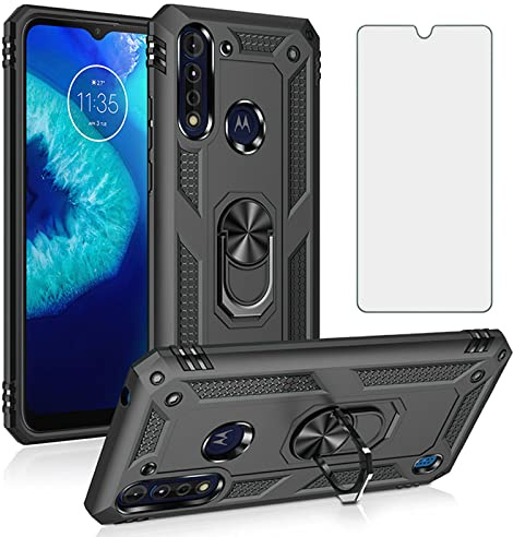 Compatible with Moto G8 Power Lite Case with Tempered Glass Screen Protector Ring Holder Stand Kickstand Magnetic Cell Phone Cover for MotoG8PowerLite Motorola 8 8G PowerLite XT2055-2 Women Men Black