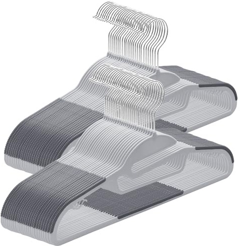ABHENG Kleiderbügel Kunststoff, 50er-Pack Rutschfester Bügel mit U-förmiger Öffnung, Nass und Trocken, Platzsparender Kleiderbügel mit Krawattenhalter und 360° drehbarer Haken, Grau + Silber, APY0450G