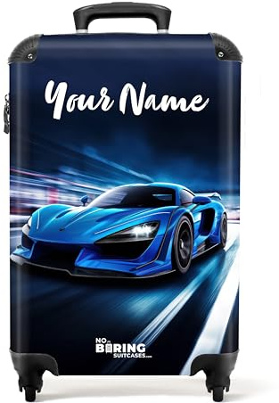 NoBoringSuitcases.com® Fotokoffer personalisiert, Kinderkoffer - 55x40x20cm Handgepäck Trolley, Kinder Trolley Jungen - Kindertrolley - Rennauto - Leicht - Koffer mit Namen Initialen
