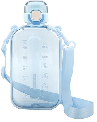 APOMOONS 750ml Flache Trinkflaschen, BPA-Frei Auslaufsicher Sportflasche aus Tritan Sportflasche Wasserflasche mit Uhrzeit mit Zeitmarkierung und Trageriemen für Sport, Reisen, Fitness und Outdoor