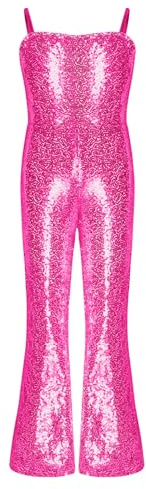Nyeemya Girls 70s 80s Hippie Disco Funky Dance Costume Halloween Carnival Party Outfits Shiny Sequins Jumpsuit Hot Pink 13-14 Years