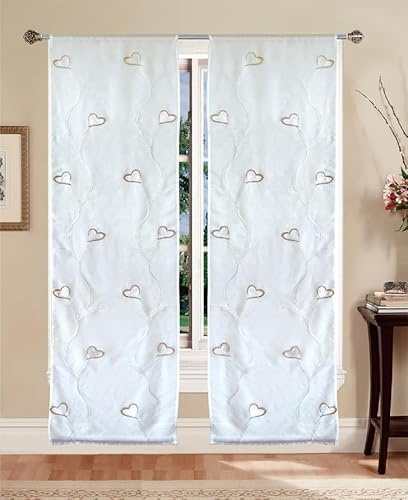 Tata Home Coppia Tende per Interni a Vetro Finestra Semitrasparenti Bianche Tende Cucina Bagno Camera Fantasia Shabby Chic 60x240 cm con Cuori Beige
