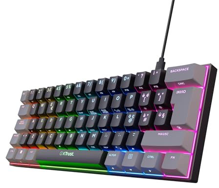 Trust Gaming GXT 867 Acira Tastiera Meccanica 60% Layout Italiano QWERTY, Mini Tastiera Retroilluminata RGB, Tasti a Doppia Funzione, USB Tastiera Gaming Programmabile PC Laptop Portatile - Nero