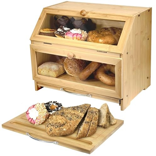 Olive Falls Large Two Layer Wooden Bread Bin & QUALITY CUTTING BOARD - Natural Bamboo. Clear Acrylic Windows and Ventilation Holes keep your Bread Storage Fresh For Longer. Easy Home Self Assembly.