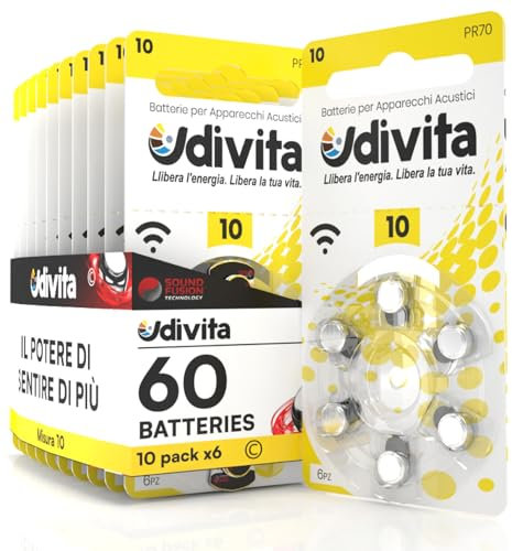 60 Batterie per Apparecchi Acustici Auricolari Udivita Misura 10 PR70 con Tecnologia Phono Pulse - 10 Blister da 6 Pile