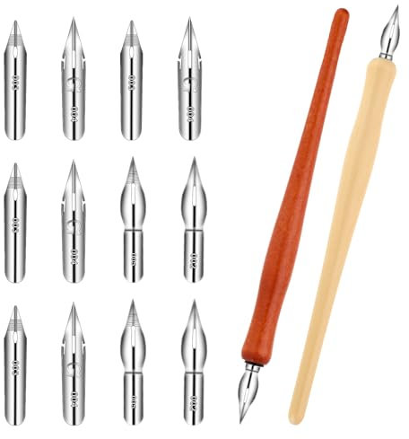 Piriuuo Kalligraphie Stift Set, Federhalter Holz Tusche Federhalter mit 2 Federhalter 12 Federn Comic Stiftspitzen Set Kalligraphie-Pen-Federn Kalligraphie Stift Set zum Schreiben, Malen