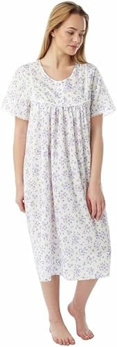 REEVE Womens Nightwear Cotton Floral Print Short Sleeve Front Button Opening Ladies Nighties with Lace - Pink Blue Lilac Nightdresses for Women UK Size 10-30 MN11