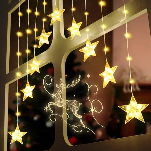 ELKTRY Weihnachtsdeko mit 9 Sterne, 76 LEDs Sterne Fenster Weihnachten Batterie, Warmweiß&Farbige 11 Modi Weihnachtsbeleuchtung Timer, IP65 Wasserdicht