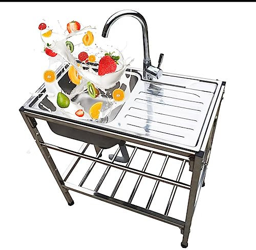 Kitchen Sink Single Bowl Unit Free Standing Utility Sink Free Standing Sink Commercial w/Workbench & Storage Shelves with Drainer Unit and Tap for Garage Restaurant Kitchen Laundry Room.