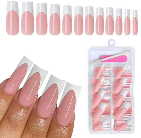 Goiern 120 Stück Weiße Französische Press on Nails Lange Viereckige Falsche Nägel Nüchtern Falsche Nägel Verjüngte Viereckige Französische Pressons Nägel Akryl