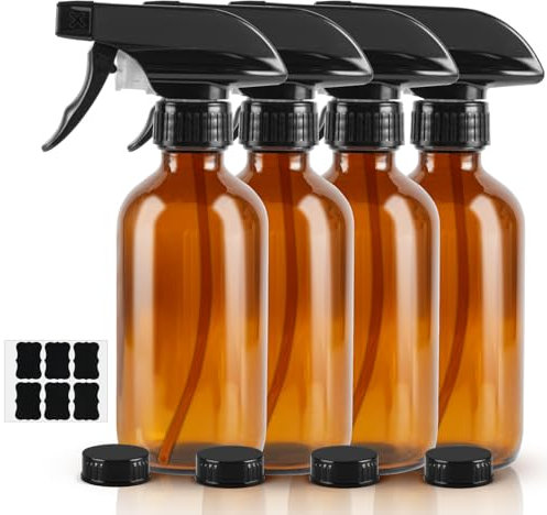 HOTUT 240ml Amber Empty Glass Spray Bottle for Cleaning, 4 Pcs Mist Water Spray Bottle for Hair, Essential Oils, Adjustable Trigger Sprayer Spray Stream Settings, Refillable Empty Gardening Atomizer