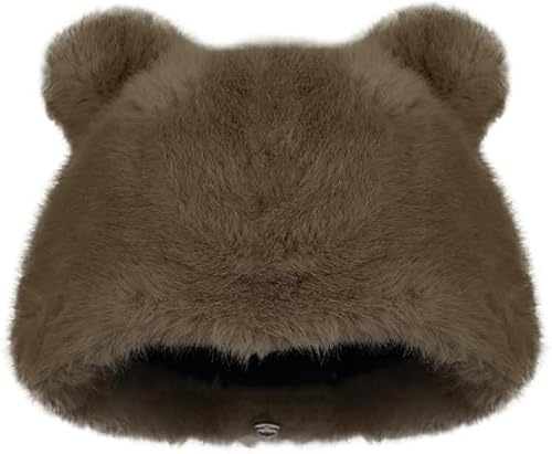Cute Bear Ear Beanie Hat Women Winter Knitted Hat Thermal Soft Faux Fur Cartoon Animal Cat Ears Plush Lining Warm Cap Earflap Furry Skull Cap Earmuffs Windproof for Ladies