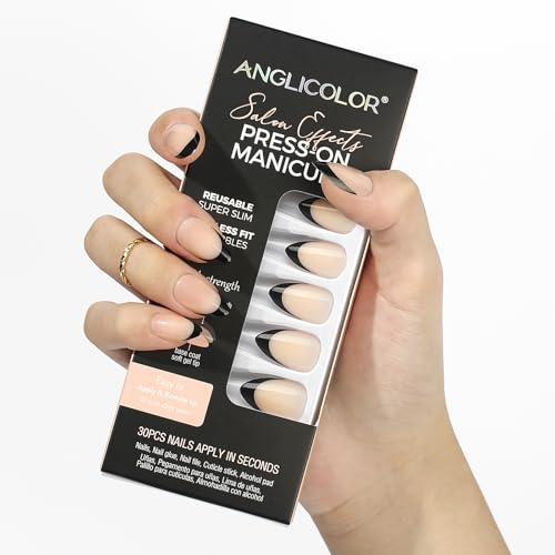 Anglicolor Black French Press On Nails,Short Almond Nails,30 Pcs Soft Gel Fake Nails in 15 Sizes, Reusable Fake Nails Kit with Nail Glue (A106, 30 Count)