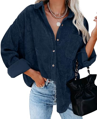 QIXING Camicia da donna autunno inverno oversize button down corduroy giacca sottile in velluto a coste camicia da donna con scollo a V camicia a maniche lunghe con tasca casual giacca mussola