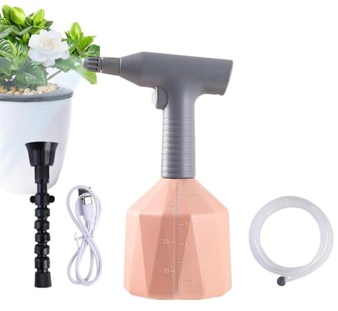Botella pulverizadora eléctrica recargable de 1 litro, rociador automático para plantas, rociador alimentado por pilas, tubo de agua de 8 pies, regadera para jardín, rociador de plantas para fácil