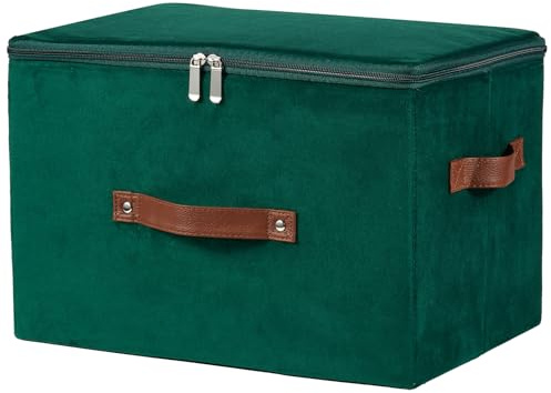 VinneGenzz Cestino portaoggetti con coperchio con cerniera, in tessuto vellutato, con coperchio | Organizer decorativo pieghevole lavabile impilabile per armadio, con manici in pelle PU, verde scuro, grande