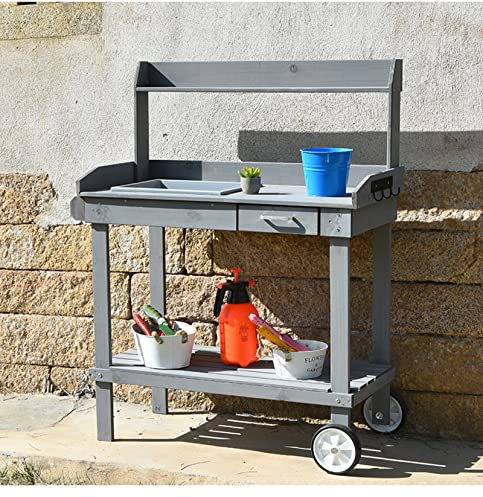 FLNOZAMZ Outdoor Solid Wood Storage and Finishing Operation Table, Shelf Flower Stand for Planting Flowers, Balcony Garden Villa Rainproof Collocation (gray (with wheels))