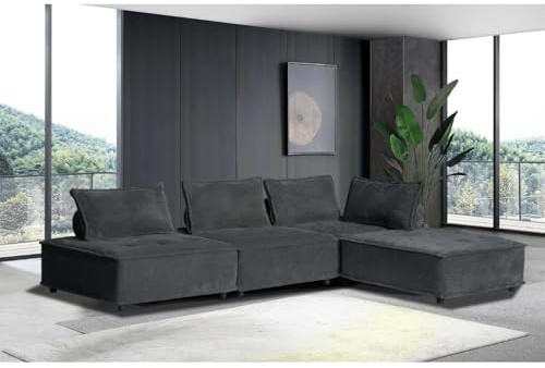 CONCEPT USINE | Divano angolare modulare 4 posti STAVA | Velluto strutturato grigio | Elegante e confortevole | Design moderno | Seduta spaziosa e soffice | Struttura robusta in legno massello |