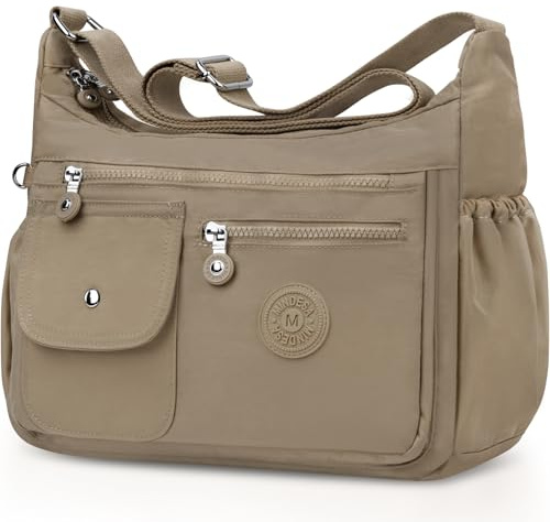 BTNEEU Bolso Bandolera Mujer Grande Nylon Bolso Cruzado Impermeable Bolsos Multibolsillos Crossbody Bag Mediano con Correa Ajustable Casual Ligero Bolsos de Mano para Escuela Viaje Trabaja (Caqui)
