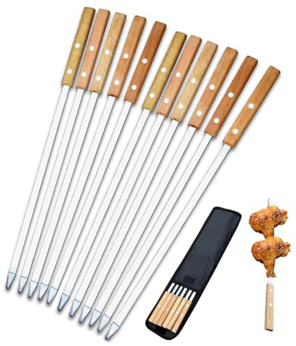 10Pack 42cm Turkish Adana Flat Kebab Skewers, Stainless Steel BBQ Skewers with Wood Handles, Storage Bag, Heavy-Duty Metal Kebab Stick Set for Meat Shrimp Chicken Vegetable, Grilling Accessories