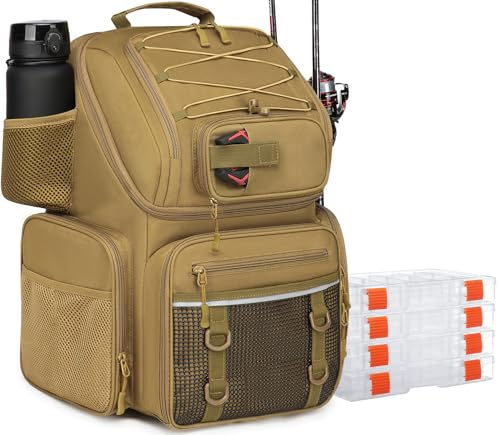 FRETHIND Zaino da Pesca con Scatole (Incluse), Borsa per Pesca da 50 l con Vano Frigo, Scatola Impermeabile, Grande Fishing Bag Backpack per Campeggio e Avventure All'aria (Marrone)