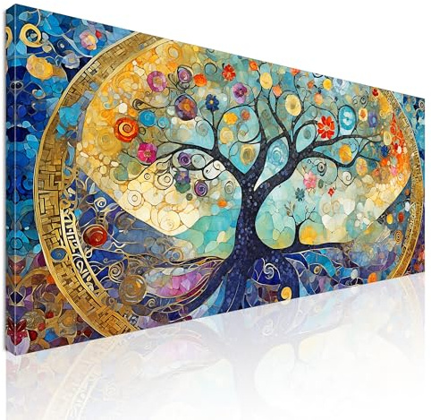 CheQuadro! Quadro moderno soggiorno, quadro grande, Albero Della Vita Mosaico Blu E Dorato, avt24 quadro stampato su tela pronto da appendere 130x60 cm